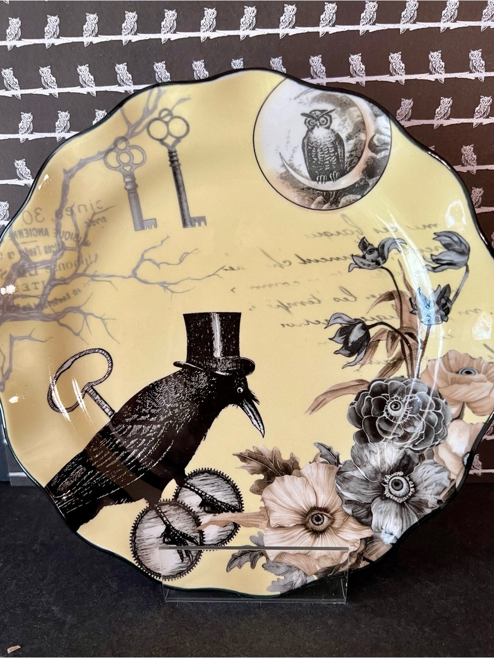 Halloween Gothic Crow & Flowers Salad Plate Scalloped Edge Owl Moon Keys Trees